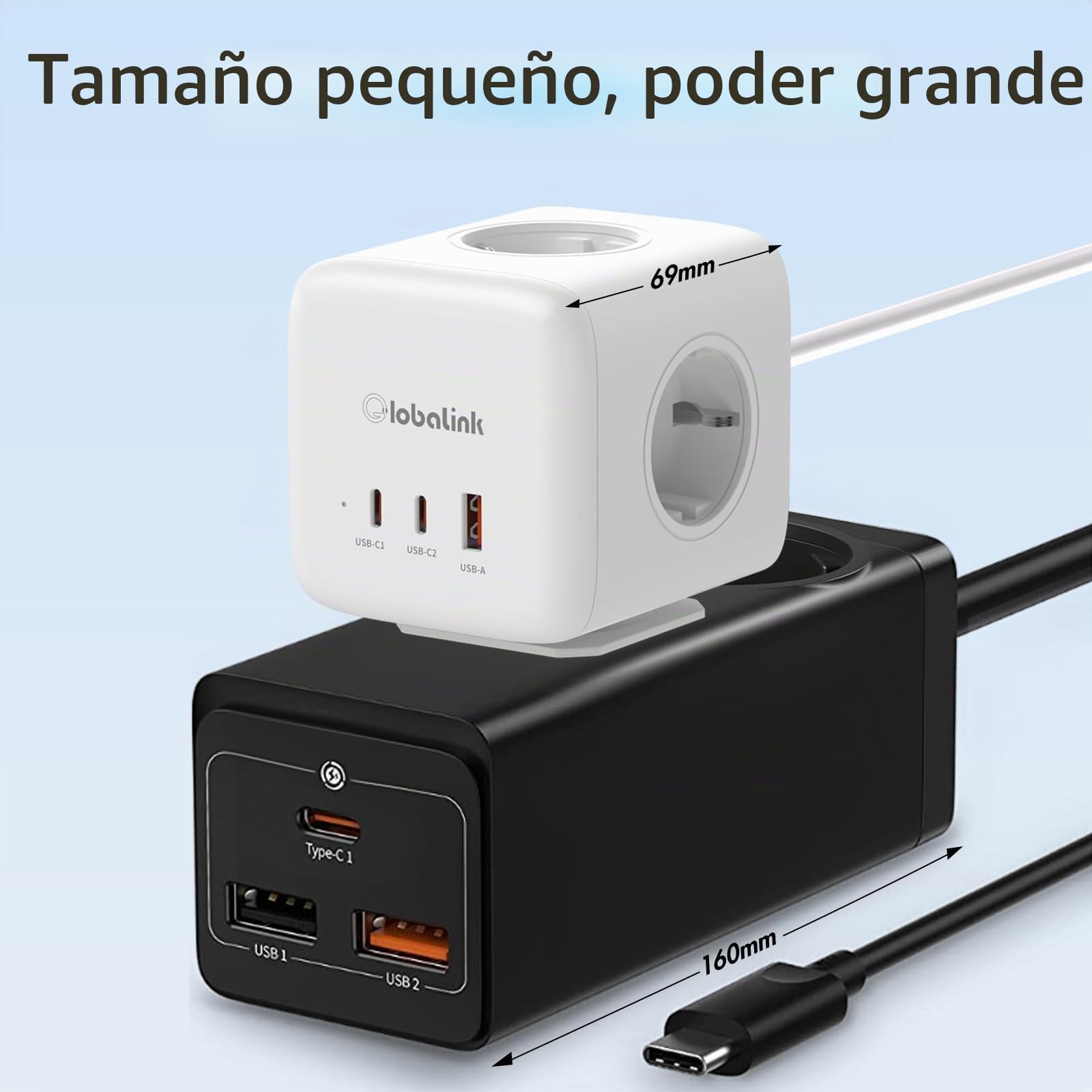 GlobaLink Cubo Regleta Enchufes con USB, 65w GAN Ladron Enchufes - 1,5 m