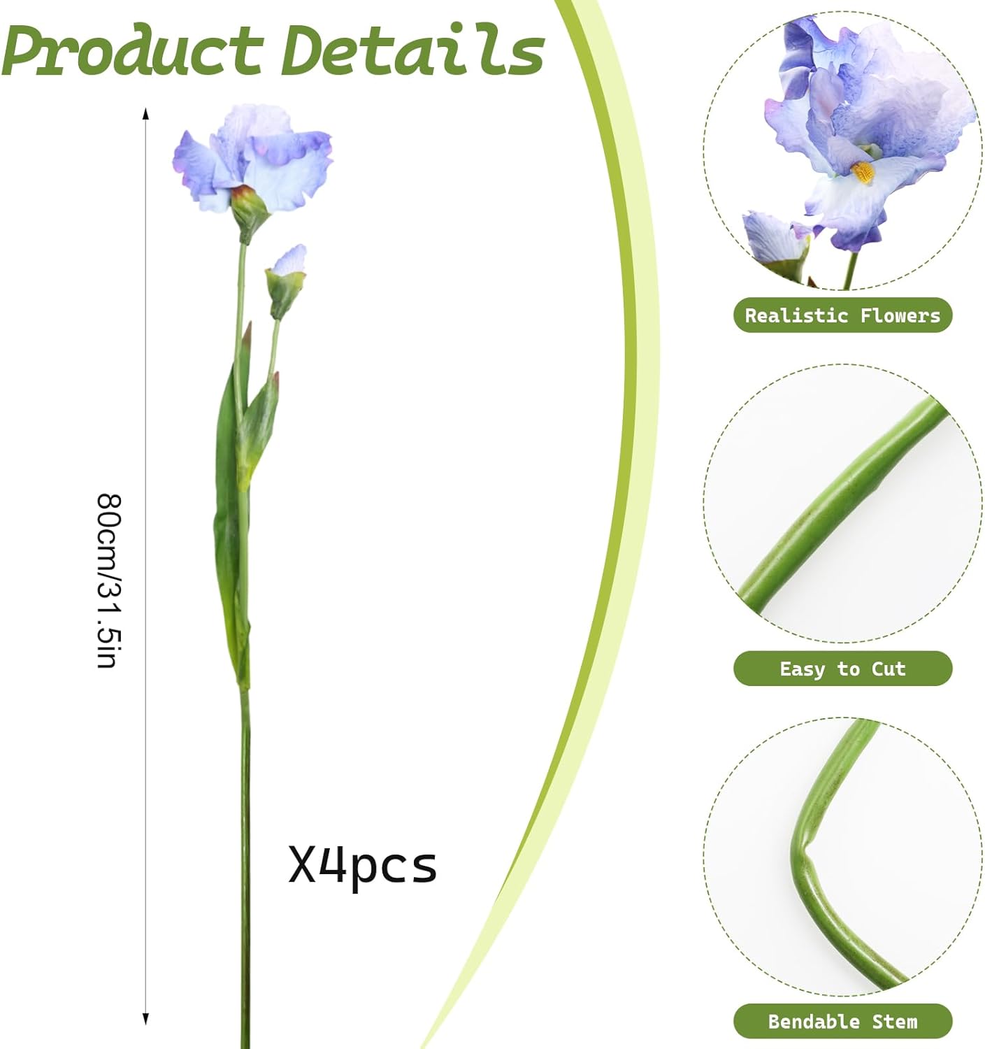 4pcs Artificial Iris Flowers Real Touch Long Stems Iris Flower Fake Flowers for Wedding Home Party Decor Flower Arrangements (Blue)