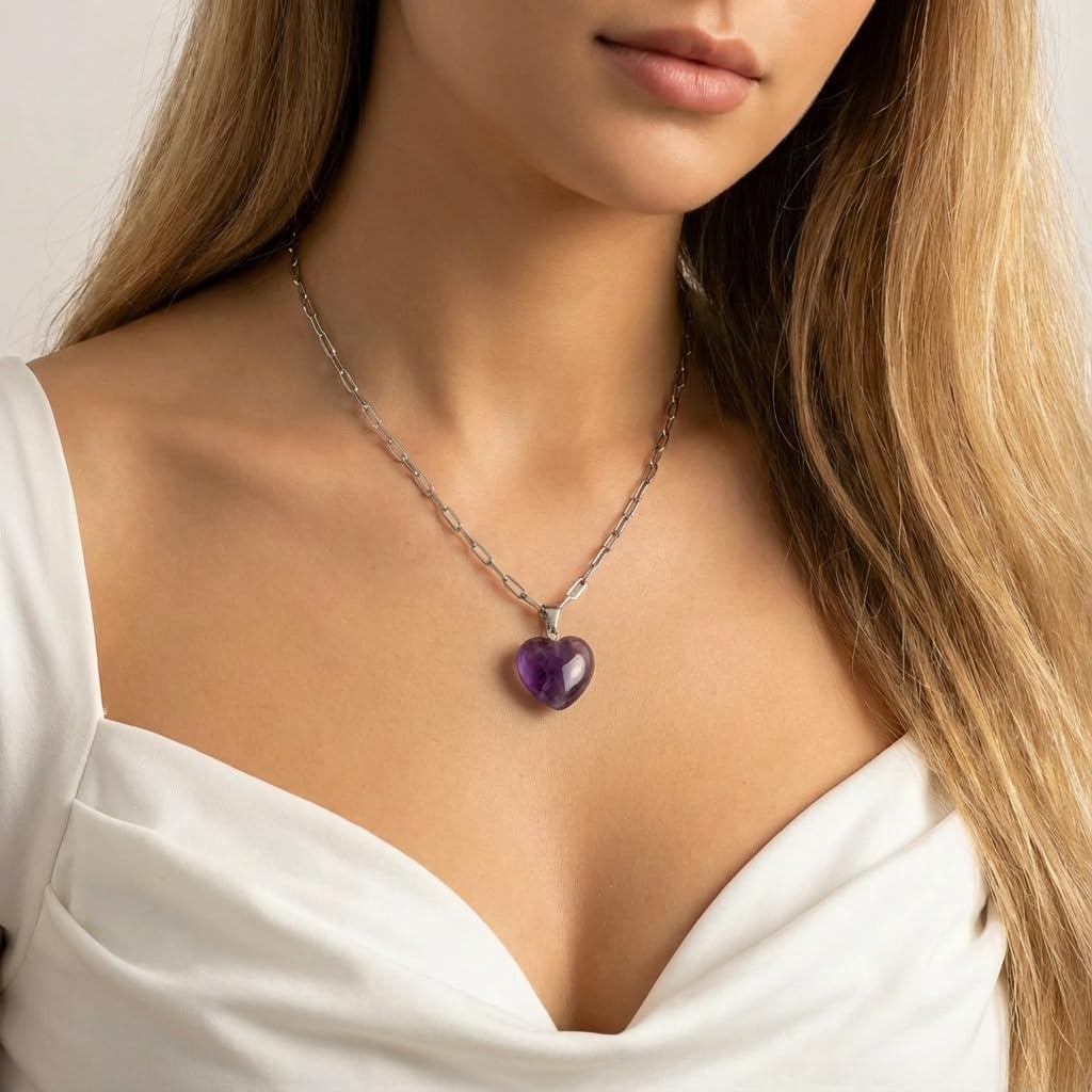 DPHINI Natural Gemstone Heart Necklace for Women - Real Healing Stone Crystal Pendant on Trendy Paperclip Chain - Silver Stainless Steel Chakra Gemstone Jewelry - Spiritual Birthstone Gift for Mom, Her (Amethyst) - Image 2