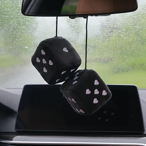 Miniatura 3 de Par de dados de felpa peludos de 3 pulgadas en forma de corazón para espejo retrovisor de automóvil, dados cuadrados retro para decoración de