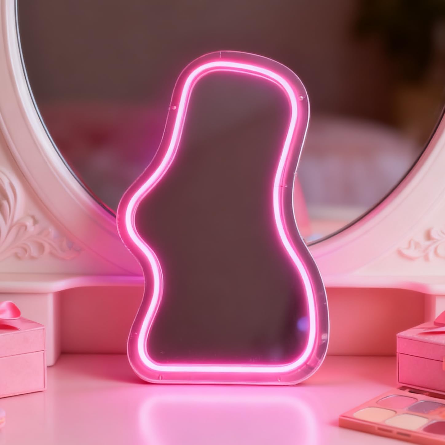Pink LED Neon Sign Mirror - USB Powered Wall Table Decor for Bedroom Vanity Dorm Living Room, Aesthetic Makeup Mirror Room Accent, 16.33x8.66 In