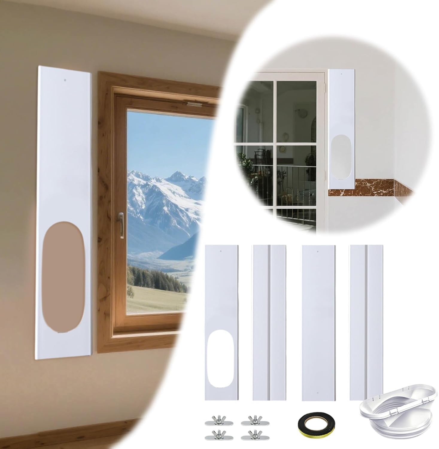 Universelle Klimaanlage Fensterabdichtung – Nahtloses Design für mobile Klimaanlagen, 4 Paneele (10x43 cm), verstellbar bis 140 cm, Abluftschlauch-Durchführung (Ein Satz)
