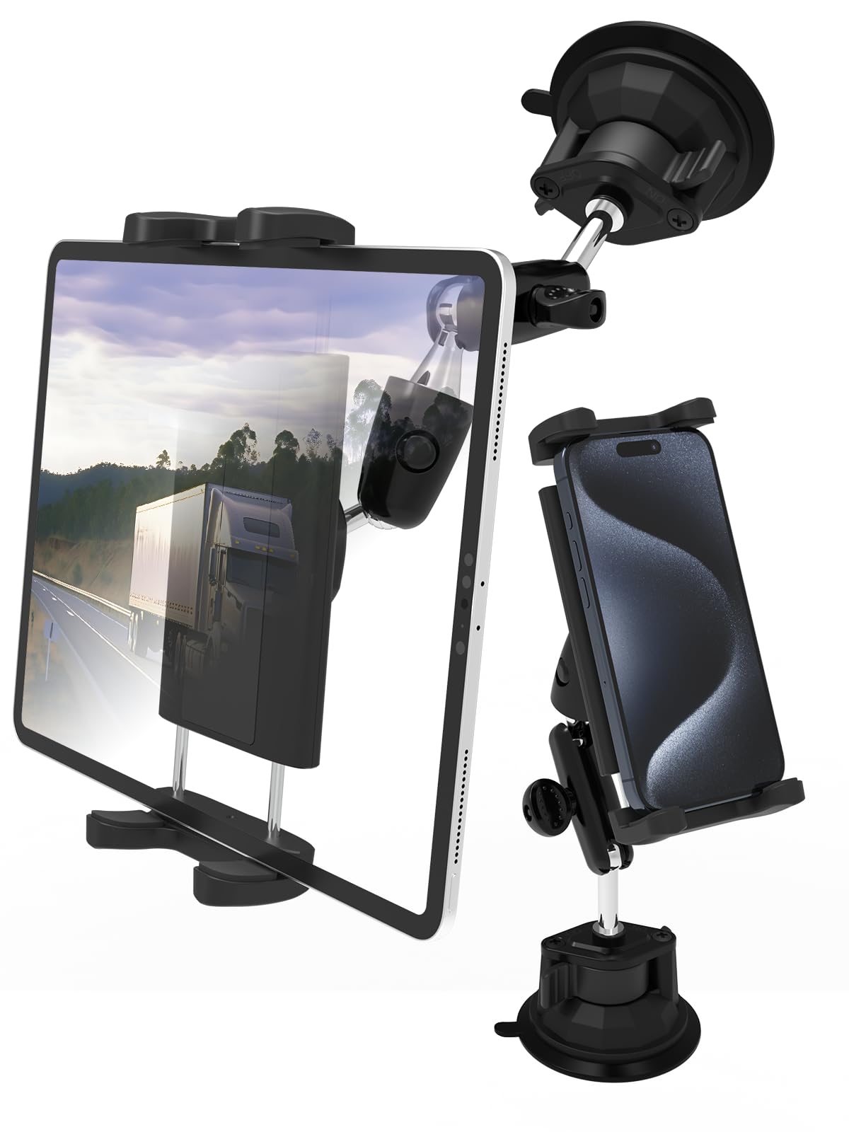 Schwerlast Saugnapf Halter Tablet Halterung Auto - [Doppelt Metall Kugelkopf], PKW/LKW Armaturenbrett Saugnapf Tablethalter Auto, für 4-12,9 Zoll Handy & Tablet, iPad Pro/Air/Mini, iPhone usw