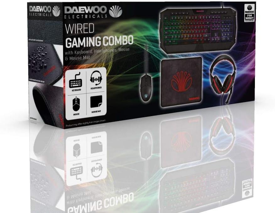 Daewoo Complete 4-IN-1 Gaming PC Set with Wired USB Plug Light Up Mouse & Keyboard, 40MM Speaker Headset with 20KHZ Mic, Cord Length 1.8M, Rubber and Cloth Desktop Mat,Black/Red,AVS1436