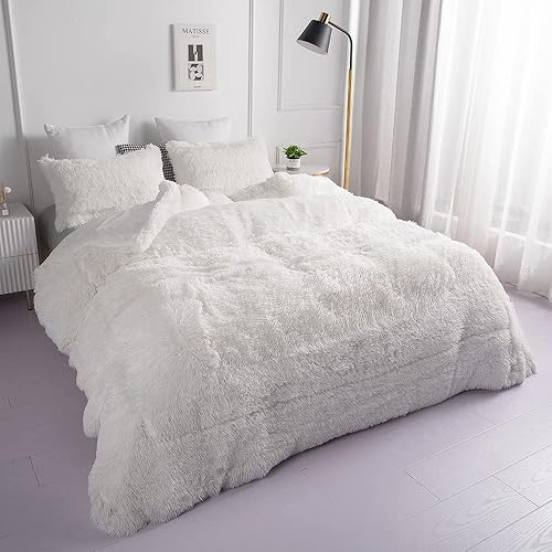Miniatura 6 de chovy - Juego de edredón afelpado de pelo sintético blanco, tamaño king, terciopelo, franela, mullido, ultrasuave, ropa de cama de 3piezas (1edredón