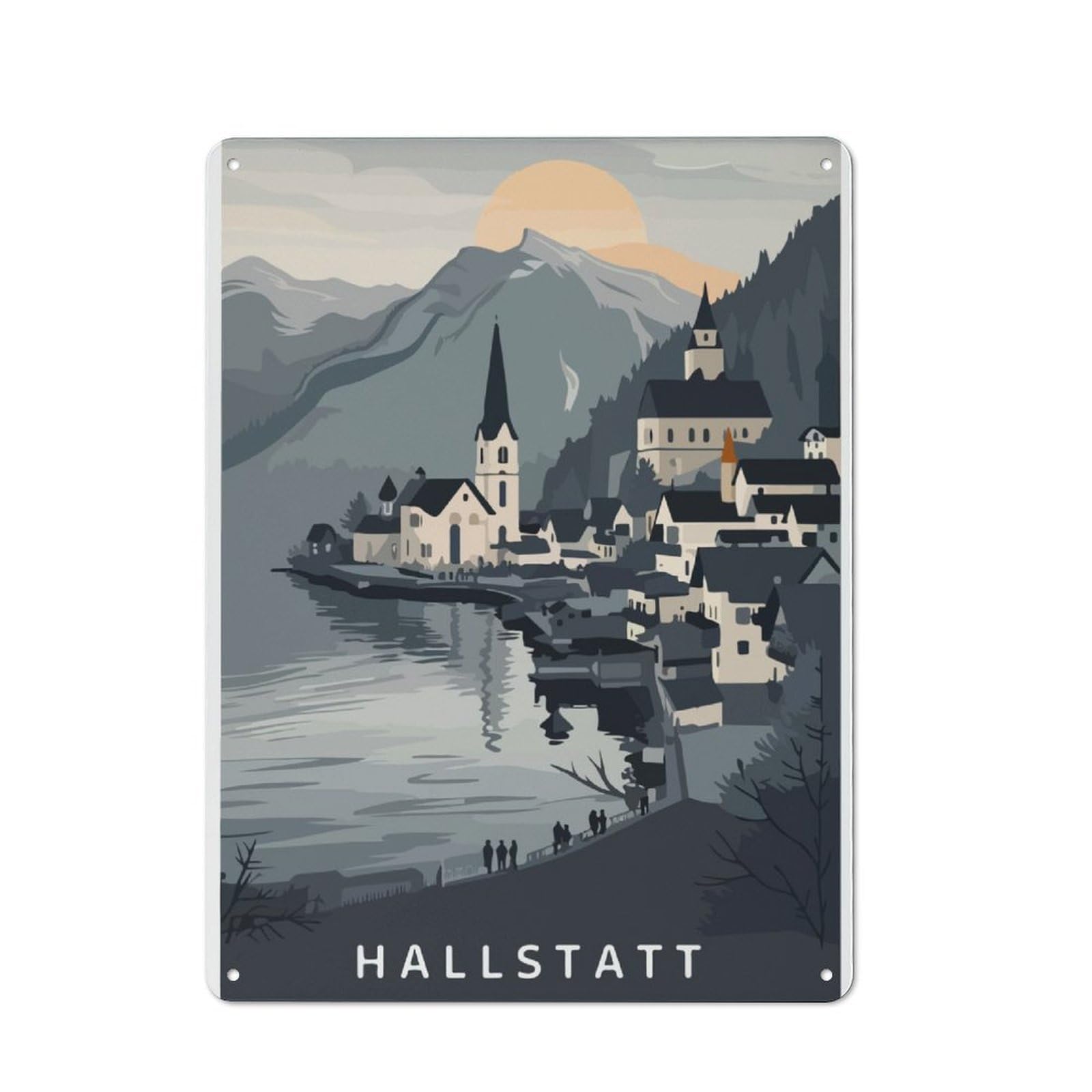 Junmoney Hallstatt Village Illustration Rustic Metal Sign 40X30cm For Lounge Or Reading Corner, For Reading Corner Decorators