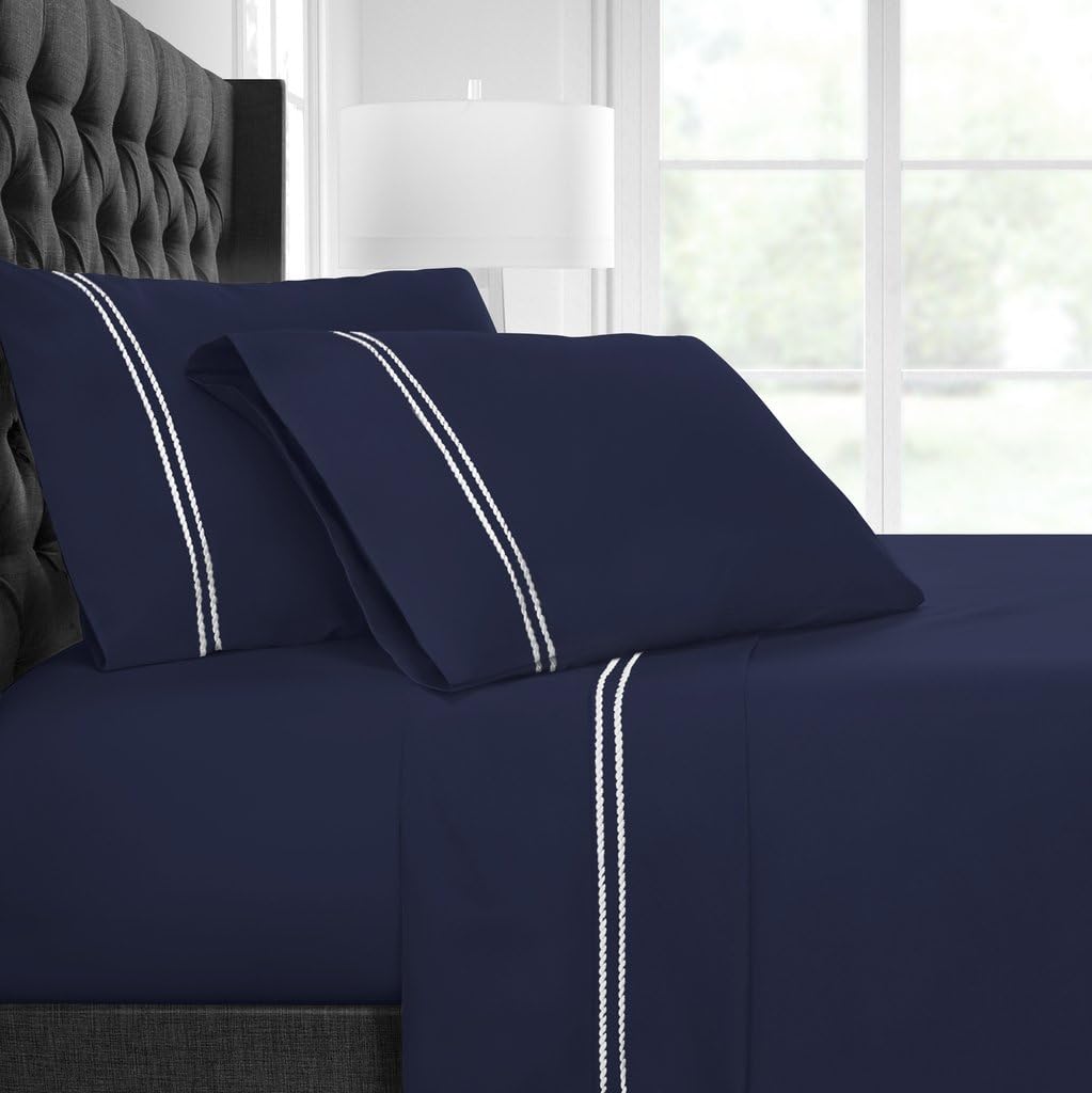 Egyptian Luxury Embroidered Bed Sheet Set – Ultra Soft Premium 1500 Series w/Beautiful Rope Embroidery – Wrinkle & Fade Resistant, Hypoallergenic 4 Piece Set- King - Navy/White