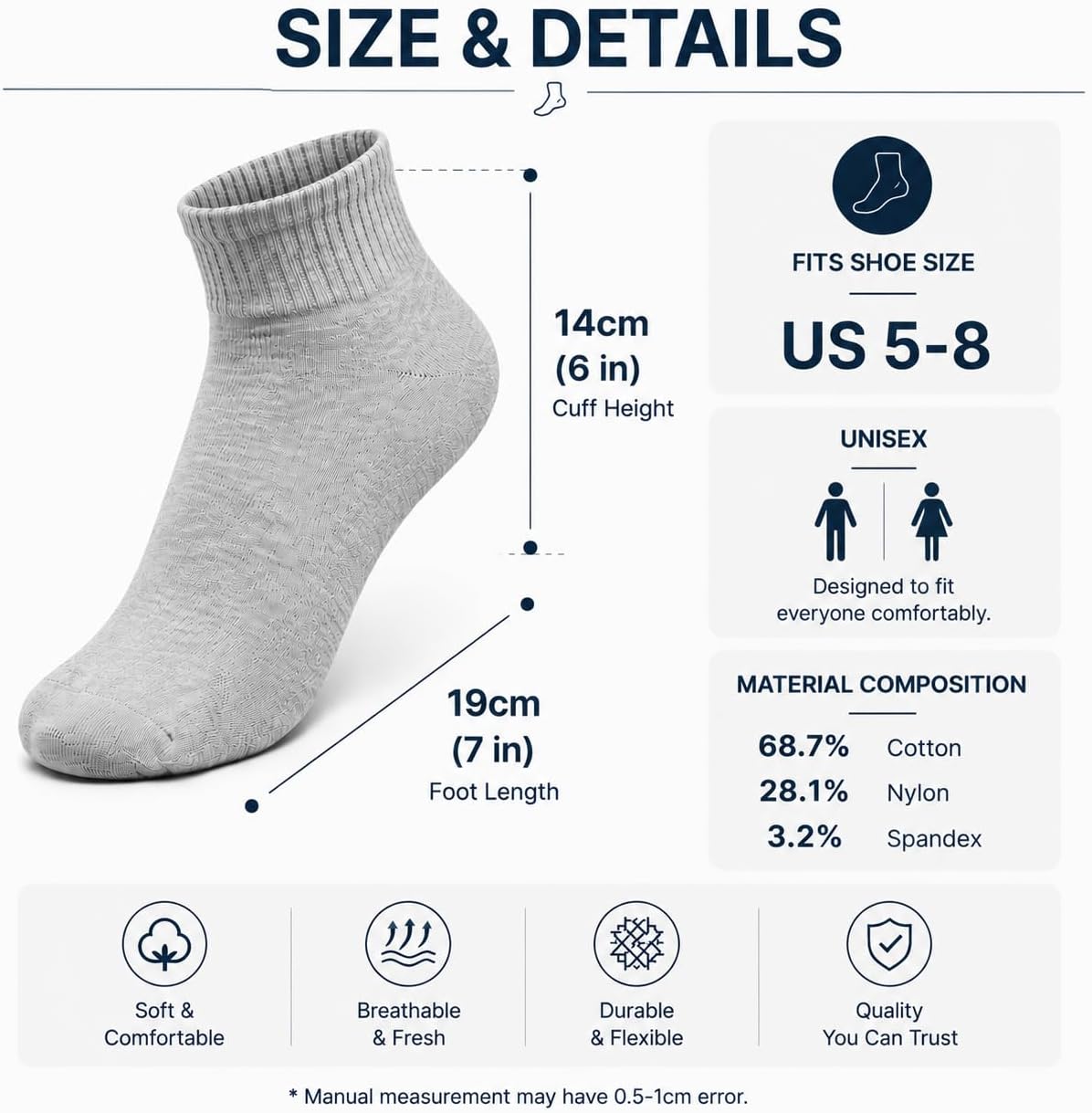 Men's Quarter Socks, Unisex Cotton Lightweight Ankle Socks, Size 5-8