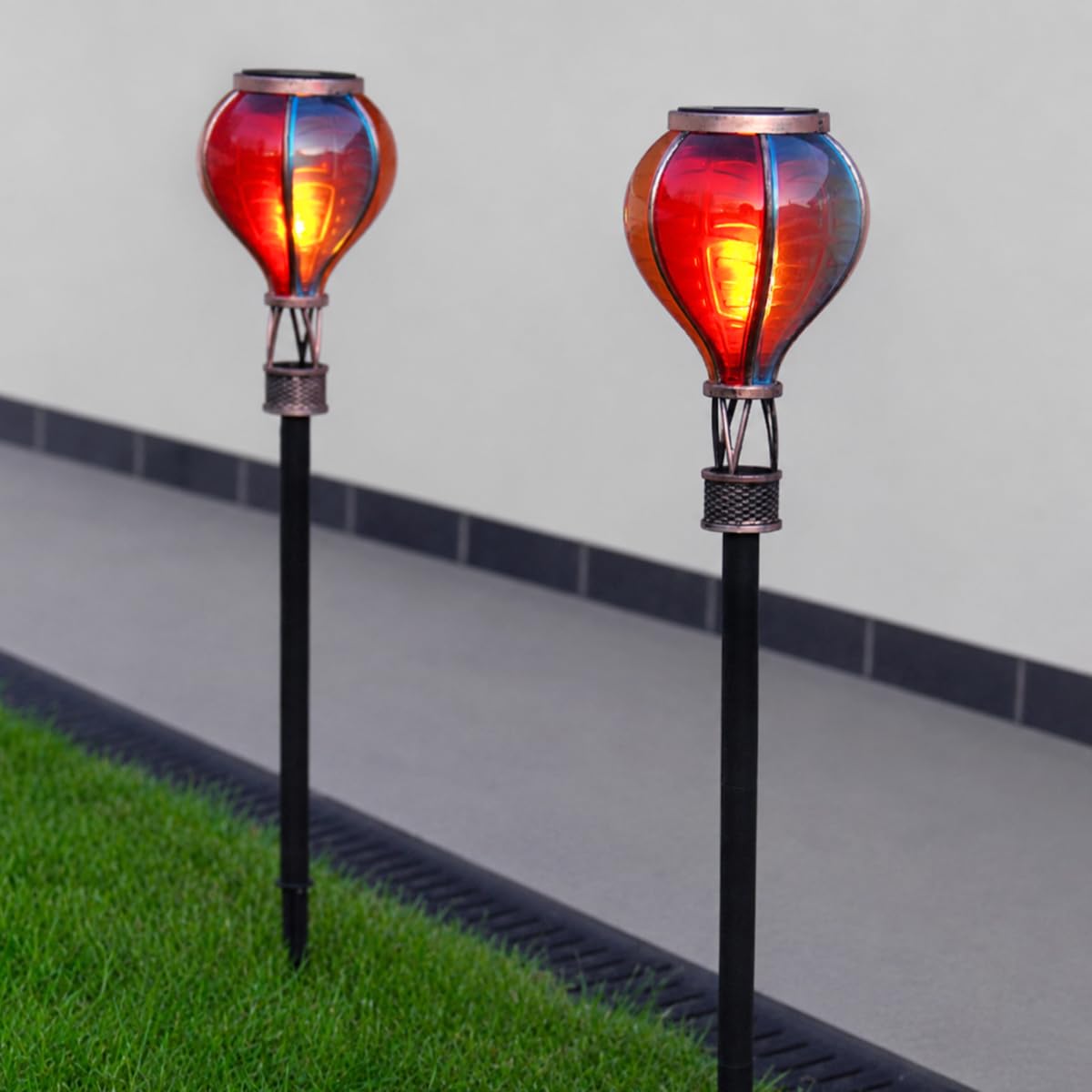 Festive Lights - 2 Pack of Rainbow Solar Hot Air Balloon Multicoloured Garden Stake Lights - 24 Amber SMD LEDs, Flickering Flame Effect, 57cm Height, Weather Resistant - Border Pathway Lawn Lighting