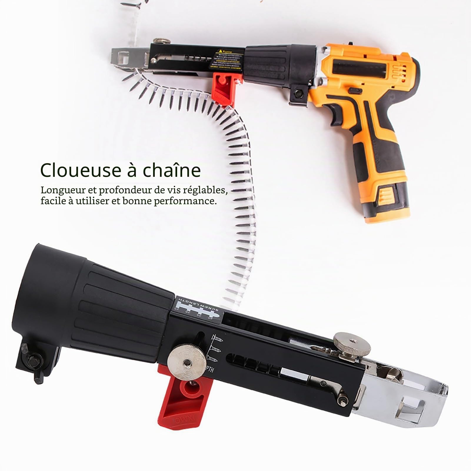 Pistolet à Clous à Chaîne Automatique, Adaptateur de Perceuse Visseuse | Alliage d'aluminium robuste, outil de vissage murs secs et plafonds, profondeur réglable pour cloisons, alimentation con