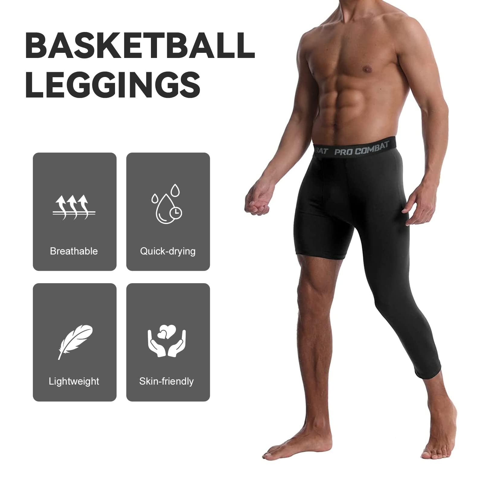 Pantalones de Compresión para Hombre, Mallas Deporte 3/4, Tejido de Secado Rápido, Running, Fitness