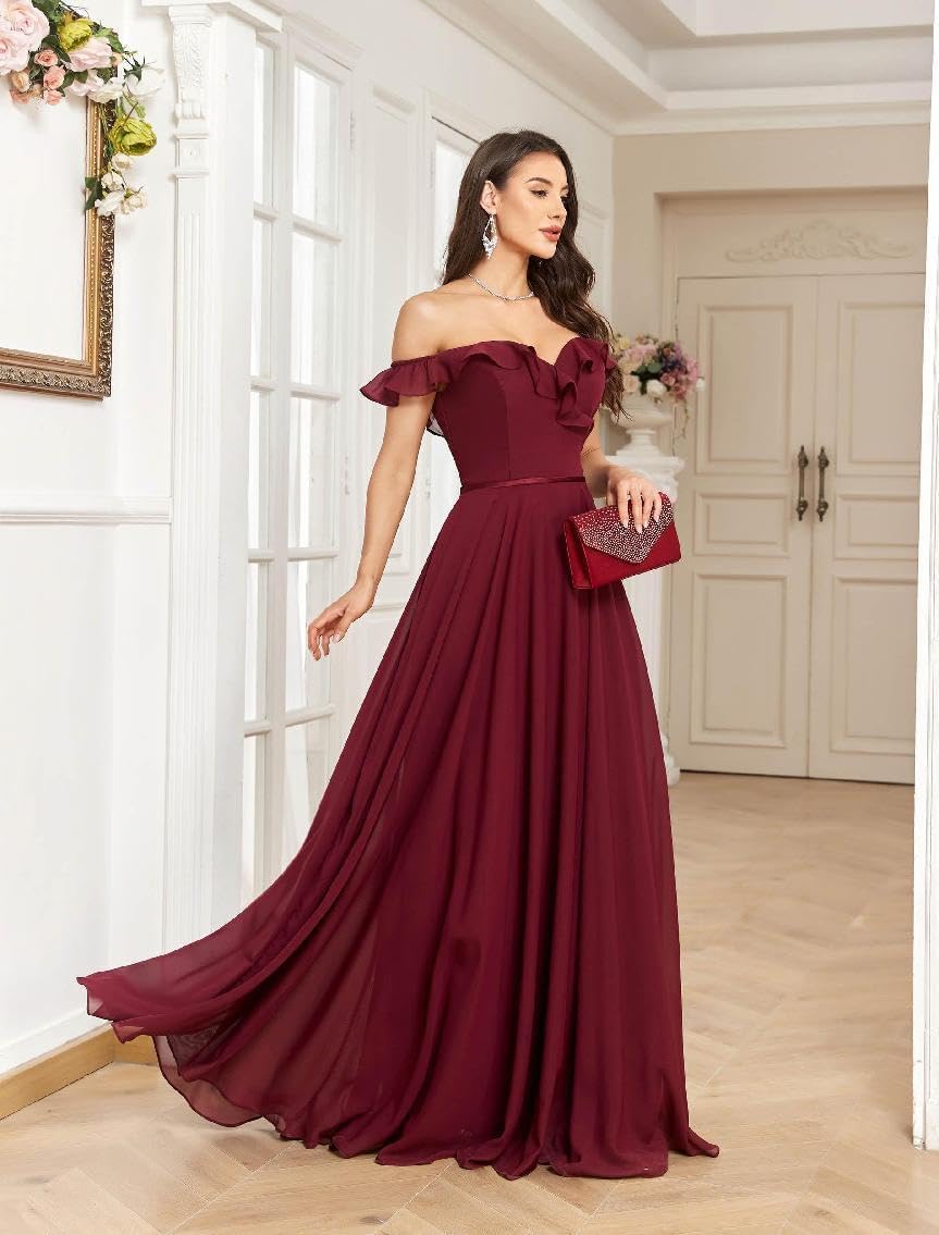 Women’s Chiffon Ruffles Prom Dresses Off The Shoulder Bridesmaid Dress A Line Sleeveless Wedding Guest Gowns - Image 3