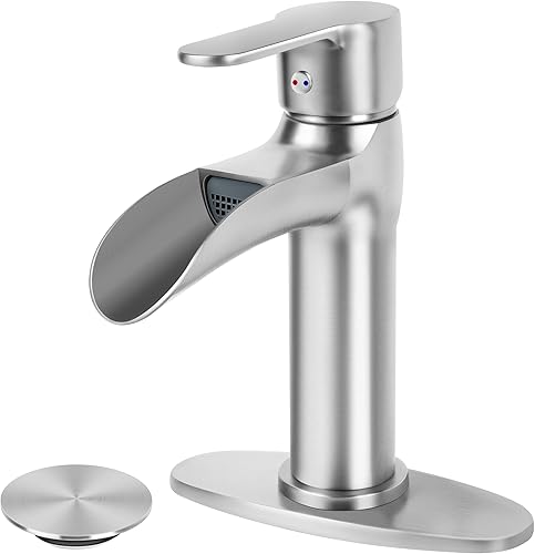 Miniatura 10 de Grifo dorado para lavabo de baño con cascada, grifo de lavabo de un solo orificio con drenaje emergente, grifo moderno para fregadero de tocador