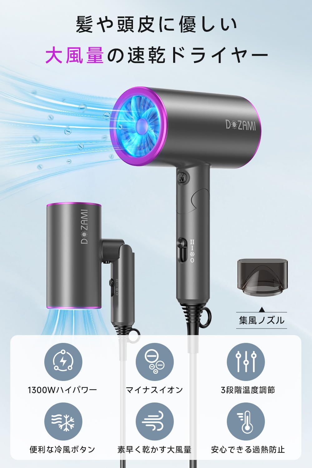 Amazon | ヘアドライヤー マイナスイオン 大風量 速乾 1300W 【風温3