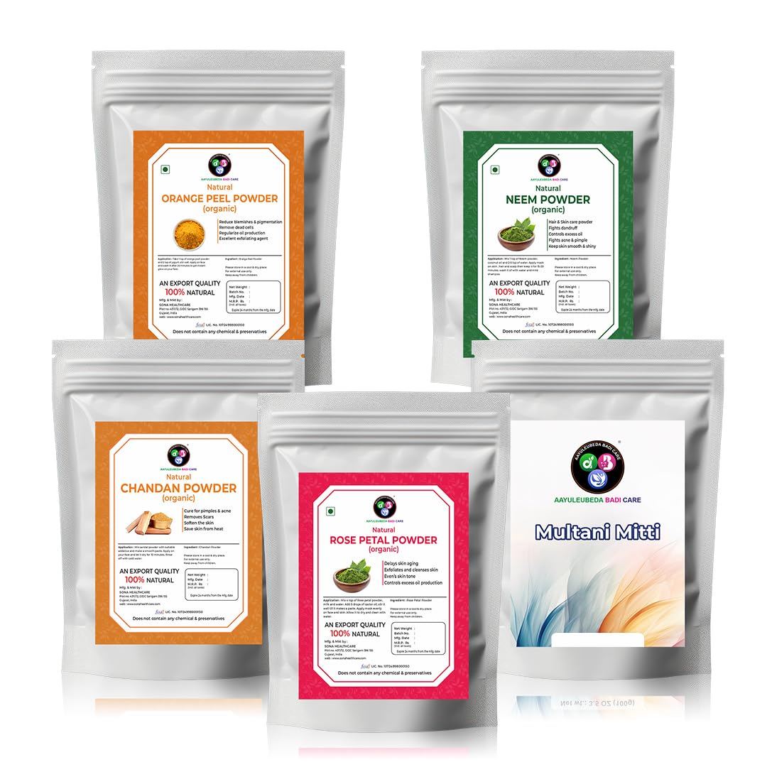 Aayuleubeda Badi Care ABC Multani Mitti, Santalum album Powder, Orange Peel Powder, Neem Powder and Rose Powder (Pack of 5) 427g