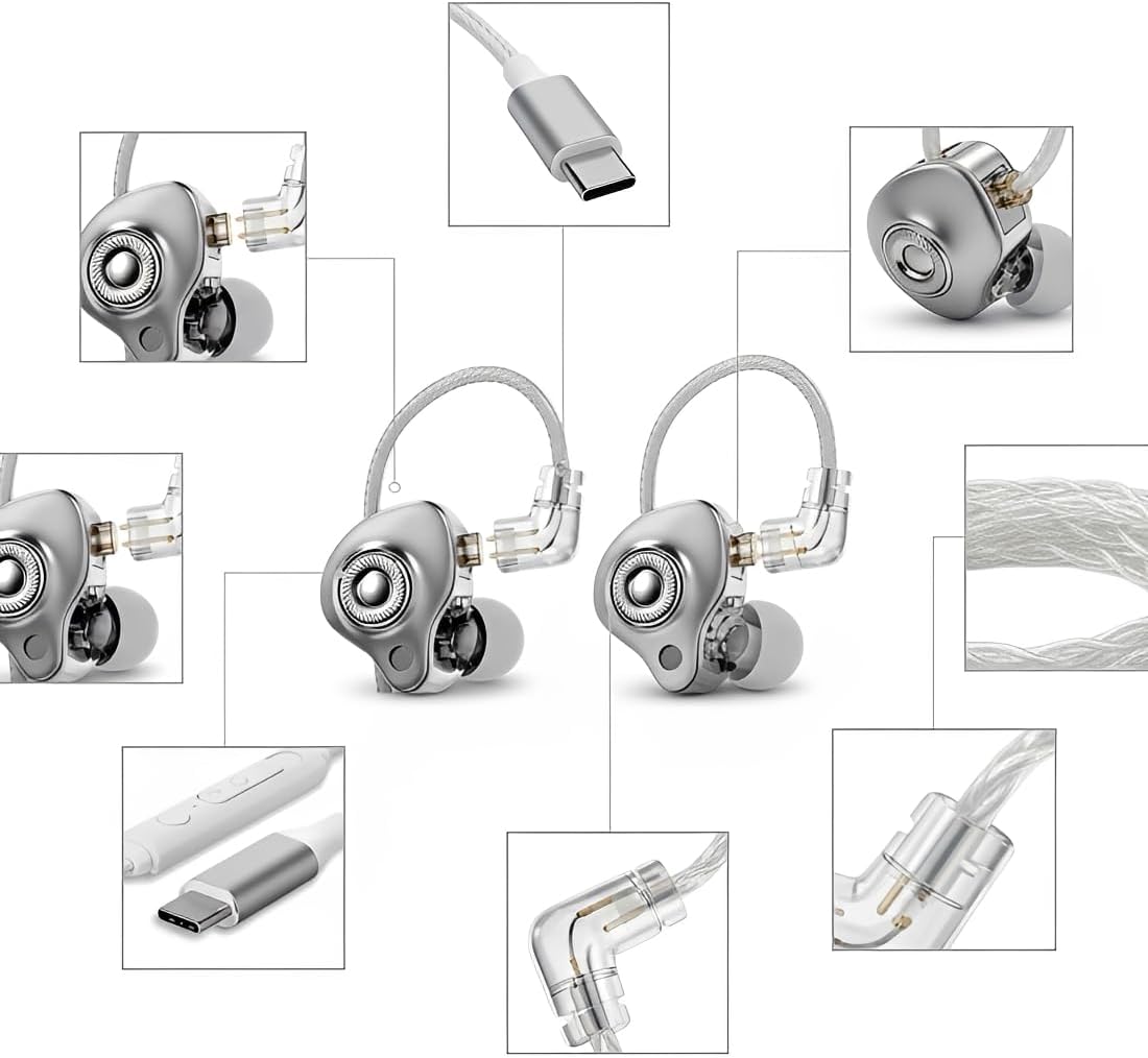 Meletup view of the LE-0273 earphones showing individual components like the Type-C connector, earbud housing, and cable.