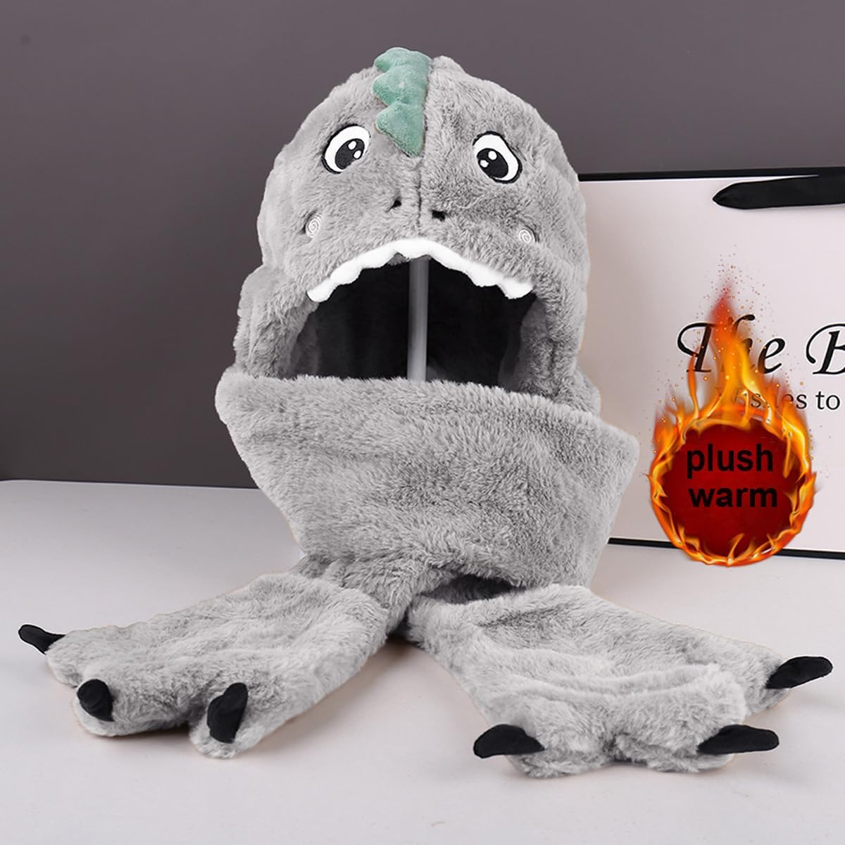 Kids 3-in-1 Hooded Hat Gloves Scarf Set,Cute Dinosaur Faux Fur Hat Plush Warm Earflap Beanie for Boys Girls - Image 3