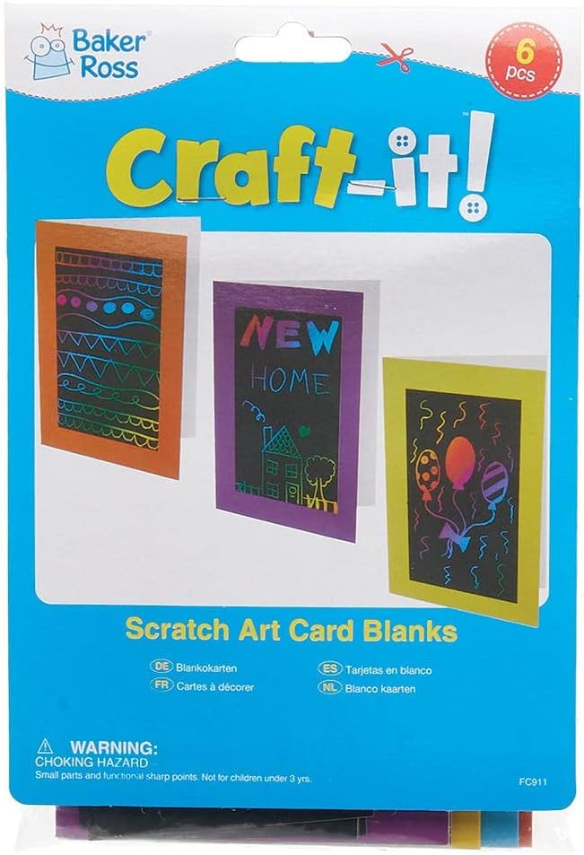 Baker Ross FC911 Scratch Art Card Blanks - Pack of 6, Arts Supplies for Kids, Scratch Art Crafts, Card Making and Paper Craft