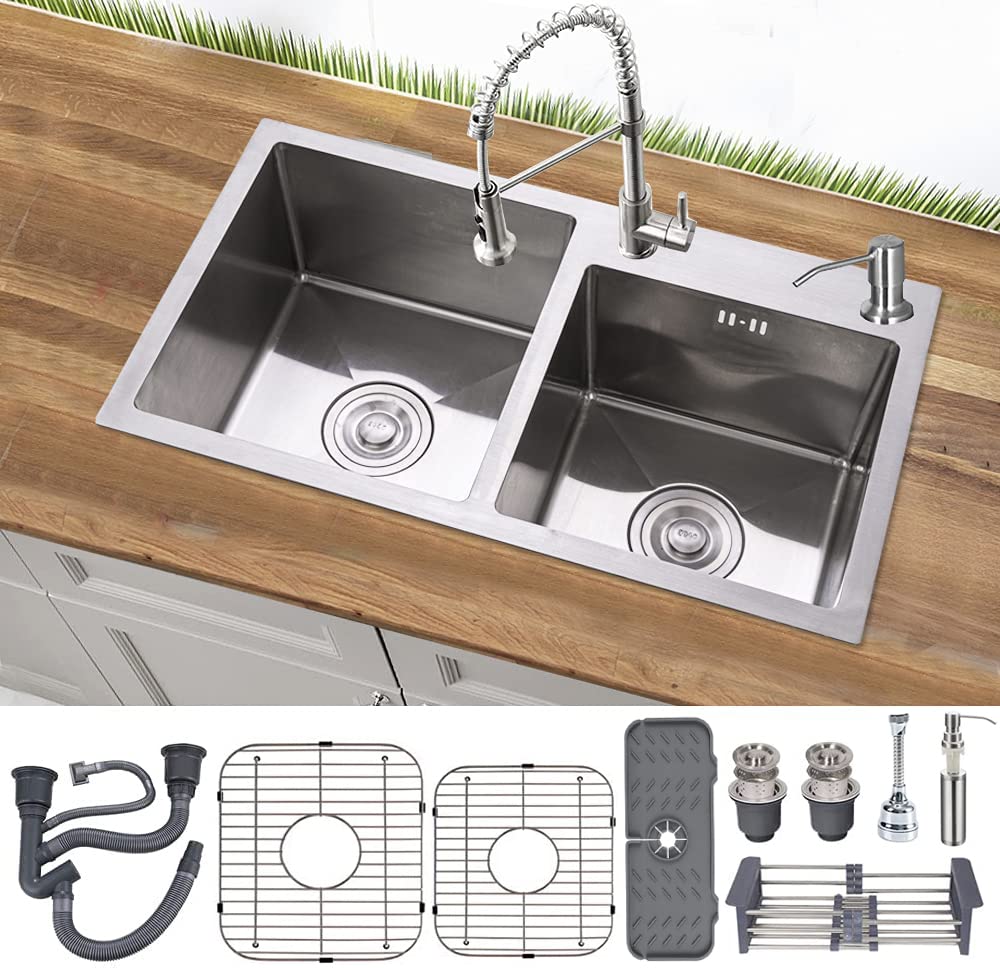 Double Bowl Kitchen Bar Sink, 32.3x17.7In Stainlee Steel Drop In Topmount Kitchen Sink with Gift-Soap Dispenser, Faucet Mat, Drain Strainer Set for Modern Kitchen Sink