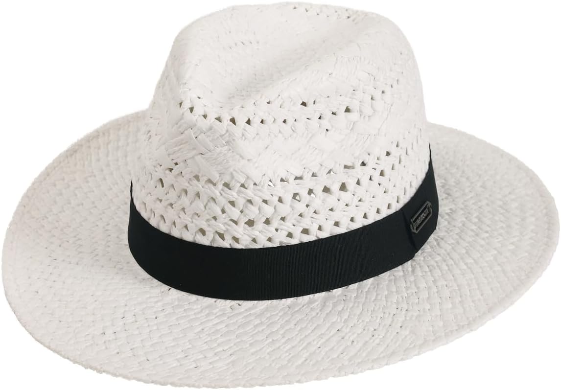 Straw Fedora Hats for Men Women Wide Brim Panama Summer Beach Sun Hat - Image 2