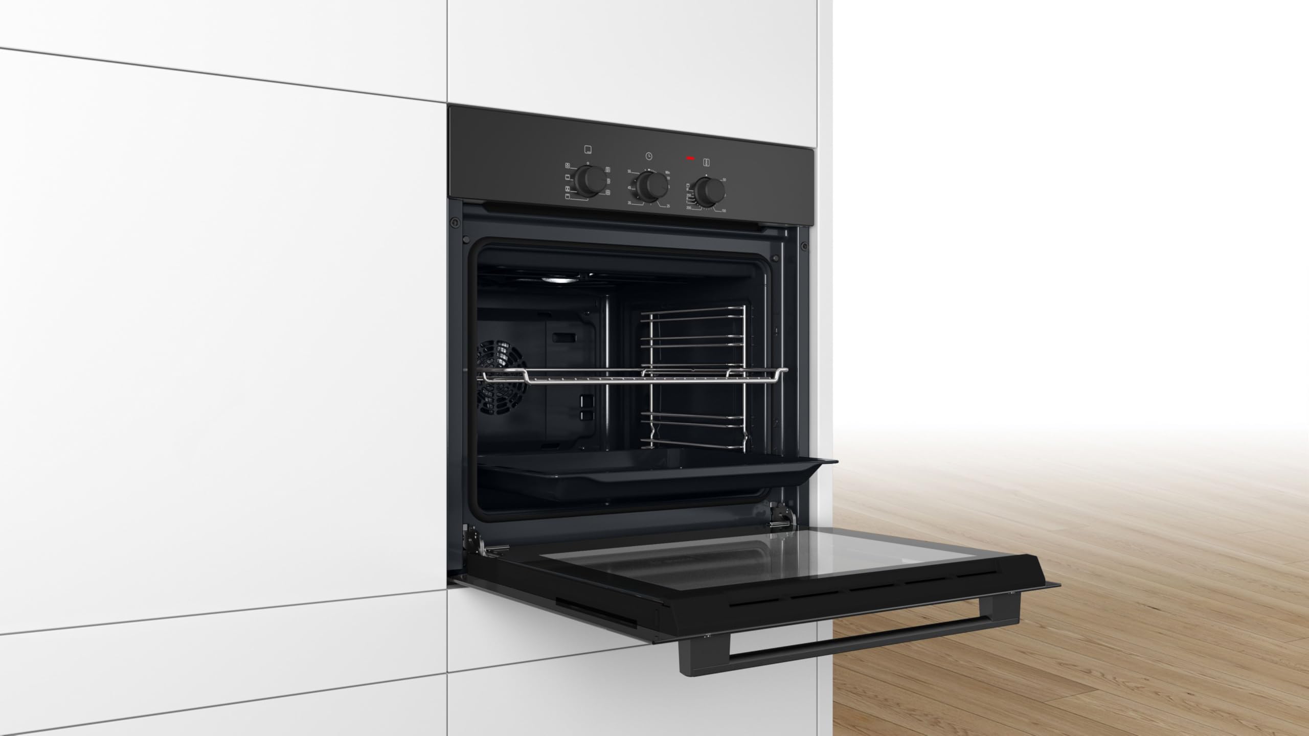 Bosch HBF011BA2 Serie 2, Einbau-Backofen, 3D Heißluft: Gleichmäßiges Garen bis zu 3 Stufen, 3 Griffe, schwarz, 60 x 60 cm