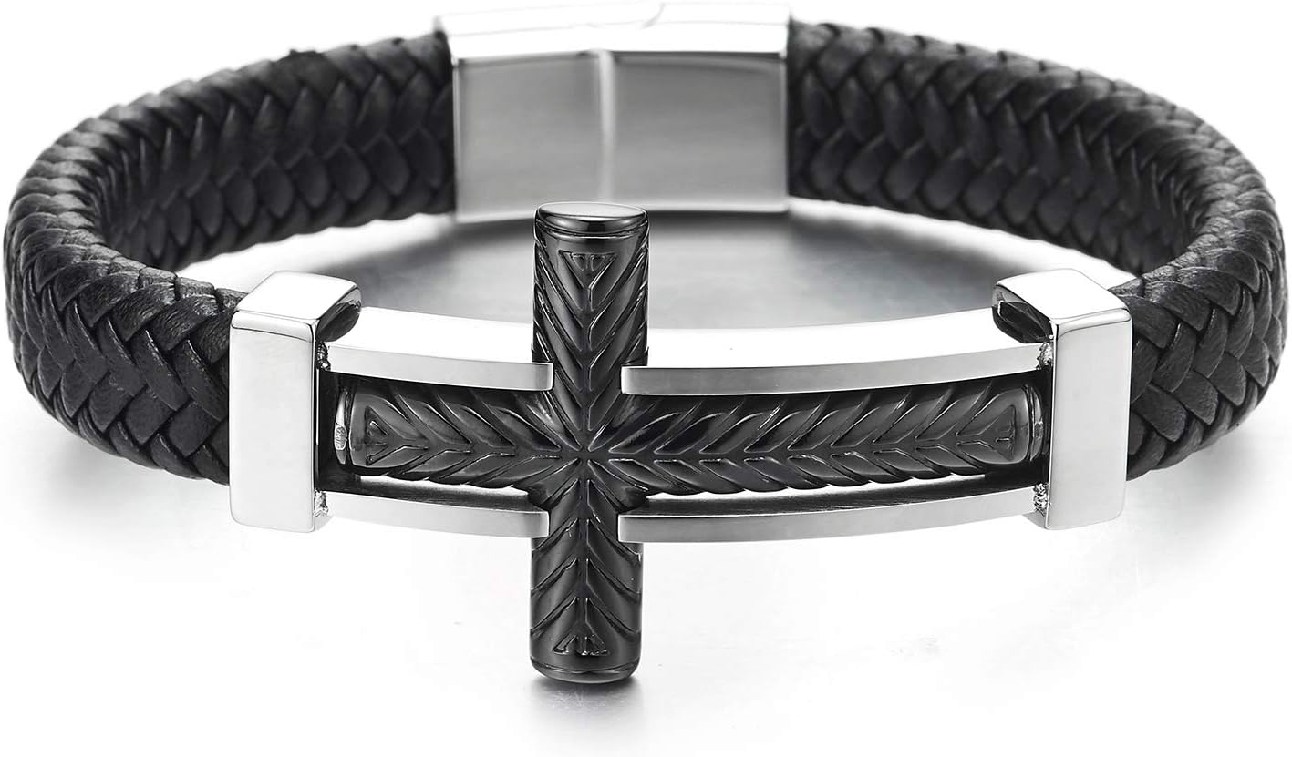 COOLSTEELANDBEYOND Mens Steel Horizontal Sideway Lateral Cross Silver Black ID Identify Black Braided Leather Bracelet