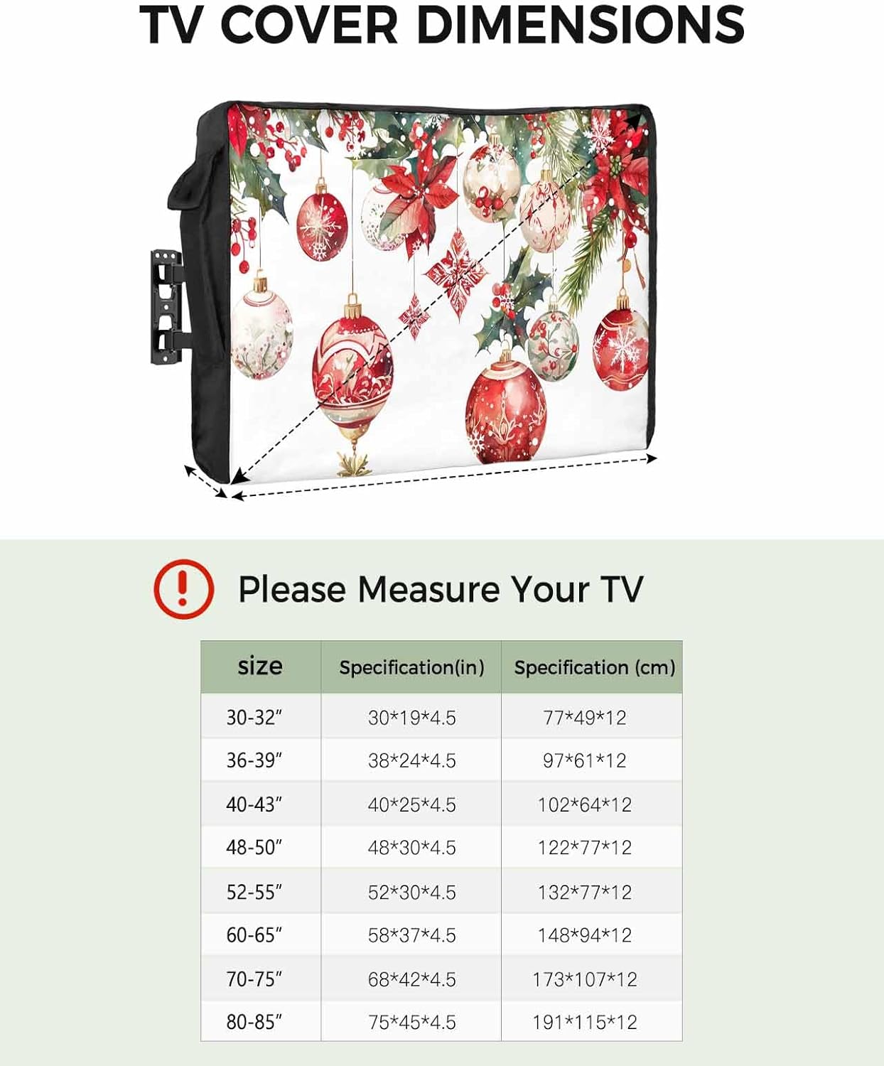 Christmas Snowflake Outdoor TV Cover 40"-43" - 600D Waterproof TV Cover Weatherproof TV Screen Protector Dustproof Poinsettia Winter Xmas Berry Balls White TV Display Protector for Flat Screen TV