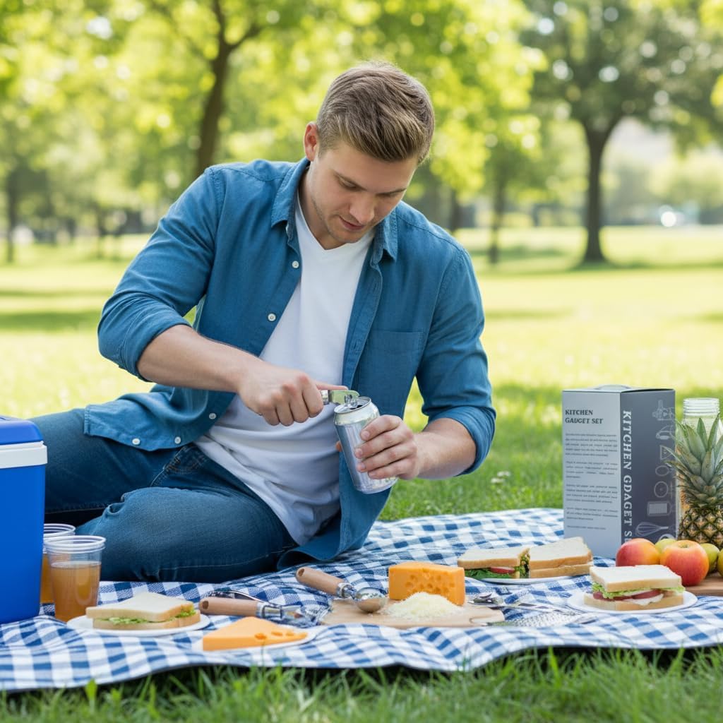 Kitchen Gadgets Set with Wooden Handles, 9-Piece Stainless Steel Utensil Set, Includes Bottle Opener, Ice Cream Scoop, Pizza Cutter, Can Opener, Whisk, Grater, Peeler