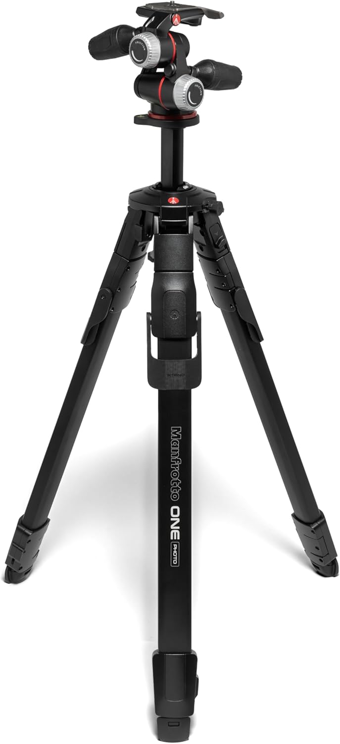 Manfrotto ONE Photo, Aluminum Tripod Kit, with XPRO 3-Way Head, 26.4 lbs Load, 90° Horizontal Column, XTEND Legs Fast Setup, Modular Feet, Professional Photo Tripod Kit for DSLR & Mirrorless Cameras