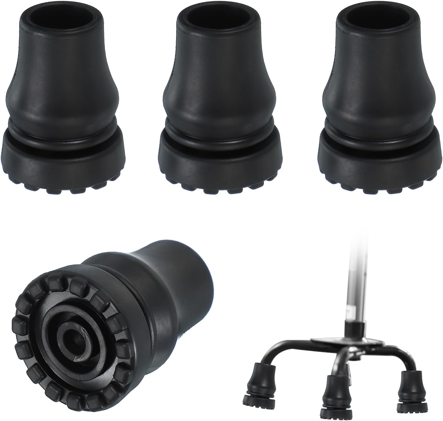 PATIKIL Quad Cane Tips 3/4 Inch, 4 Pcs Non-Slip Rubber Walking Cane Accessories Replacement Foot for Standing Stick Women Men Seniors, Black(Style 4)