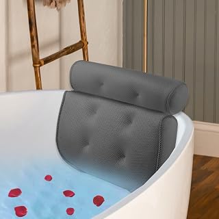 Bath Pillow,Bath Pillows for Head and Neck,Bathroom Pillow with 6 Large Suction Cups,Home Bathtub Pillow Spa, Grey 3D Mesh Bath Featuring Total Support Cushion for Head, Neck and Back,40 x 35 x 8cm