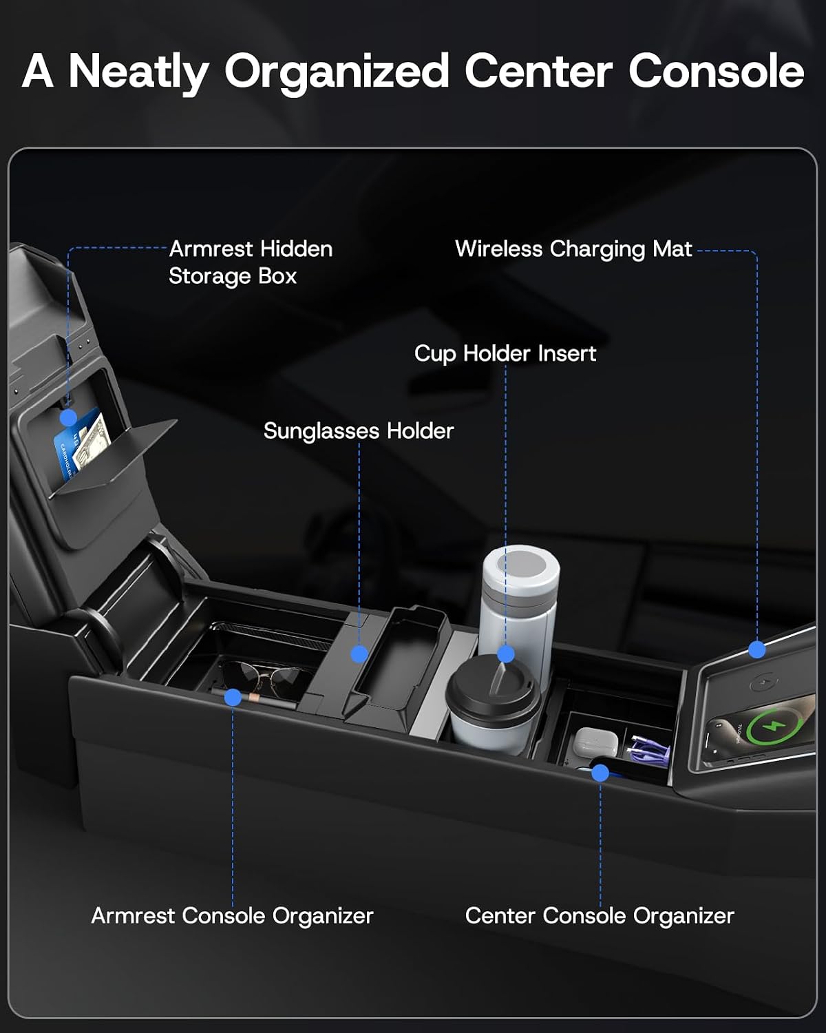 center console organizer tray for tesla model 3 highland 2024-2026 & model y juniper (premium & performance), 8pcs - pc material & silent silicone sunglasses holder armrest hidden storage box 8pcs (y juniper + 3 highland)
