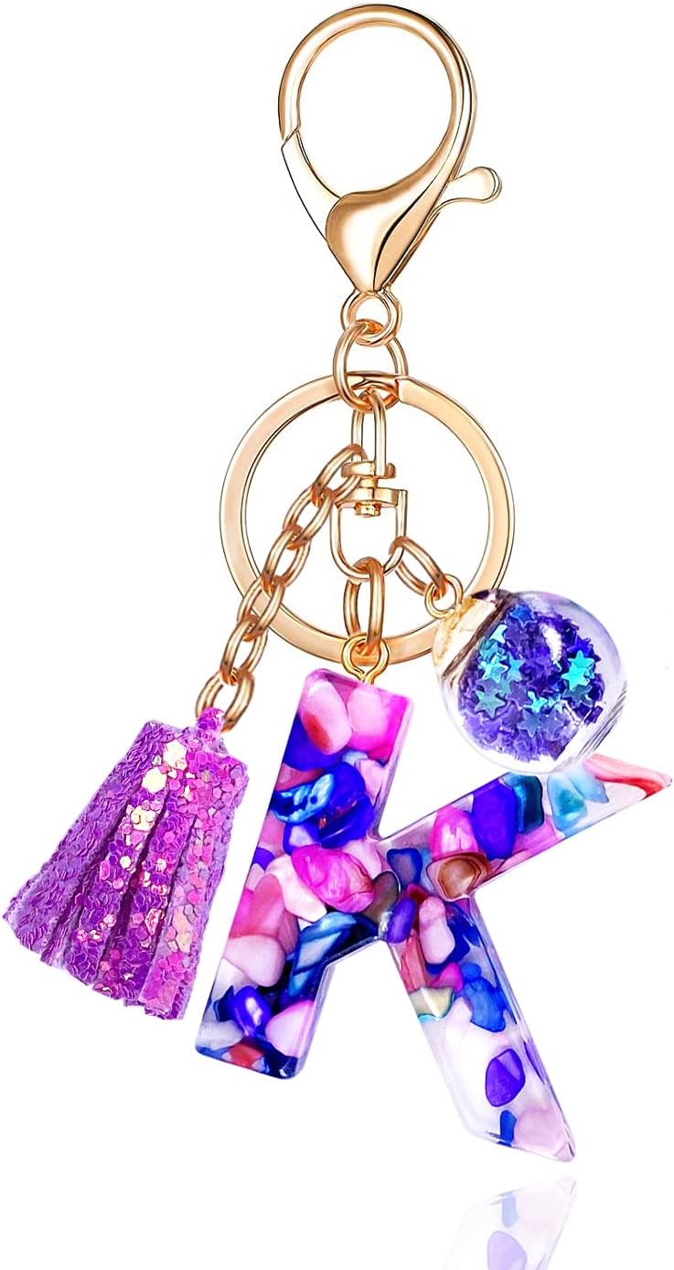 LAXPICOLPurple Letter A-Z Keychain for Women Purse Handbags Resin Alphabet Initial Letter Pendant with Tassel Glass Ball