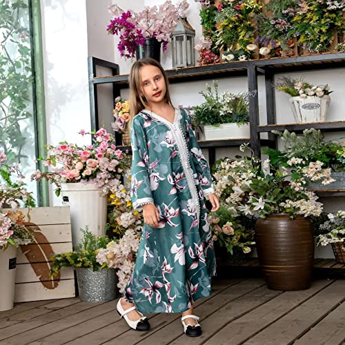 Polyjolly Abaya Dress For Girls Dubai Sadui Kids Casual Moroccan Kaftan Gown Green Eid Clothes 8 #TOP1