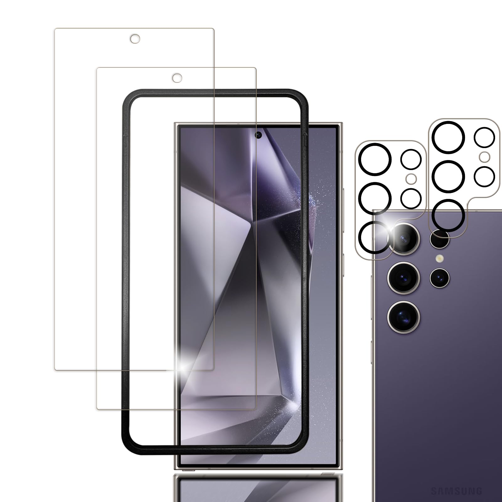 【2+2枚セット】Galaxy S24 Ultra 用のガラスフィルム(2枚)+カメラフィルム(2枚)ギャラクシー S24ultra 用の フイルム 強化液晶保護フィルム ワンタッチ貼付け/気泡ゼロ/ケースと干渉せず/硬度9H/飛散防止/指紋防止/指紋認証対応