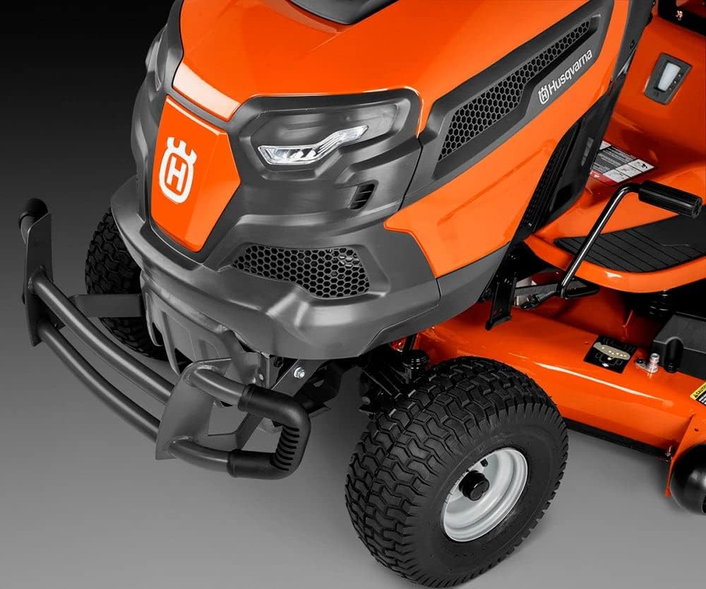 Front view of Husqvarna riding mower with brush guard