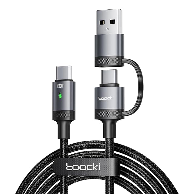 Toocki Kabel USB C do USB C 2 w 1 60W Szybkie Ładowanie PD Kabel z Adapterem USB A 1.8m Pleciony Nylon Przewód do Transmisji Danych Kompatybilny z iPhone 16/17, MacBook, iPad, Galaxy, Xiaomi, Szary