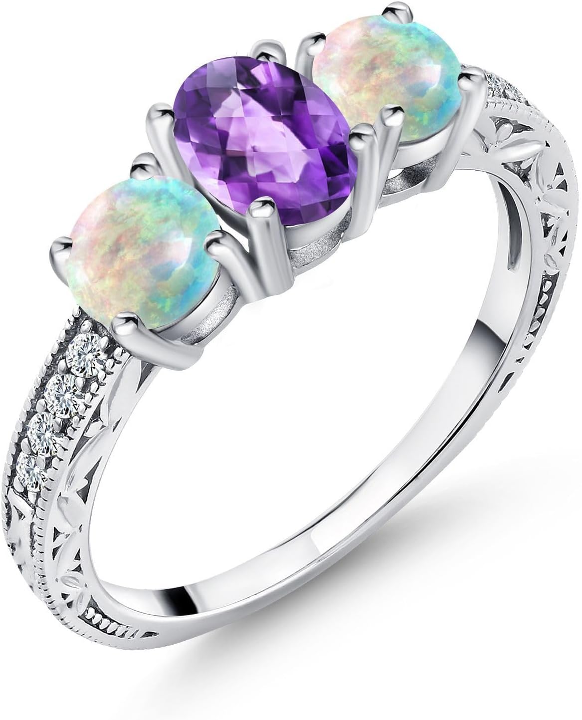 Gem Stone King 925 Sterling Silver Purple Amethyst and White Simulated Opal Engagement Ring For Women (1.87 Cttw, Oval Checkerboard Gemstone Birthstone)
