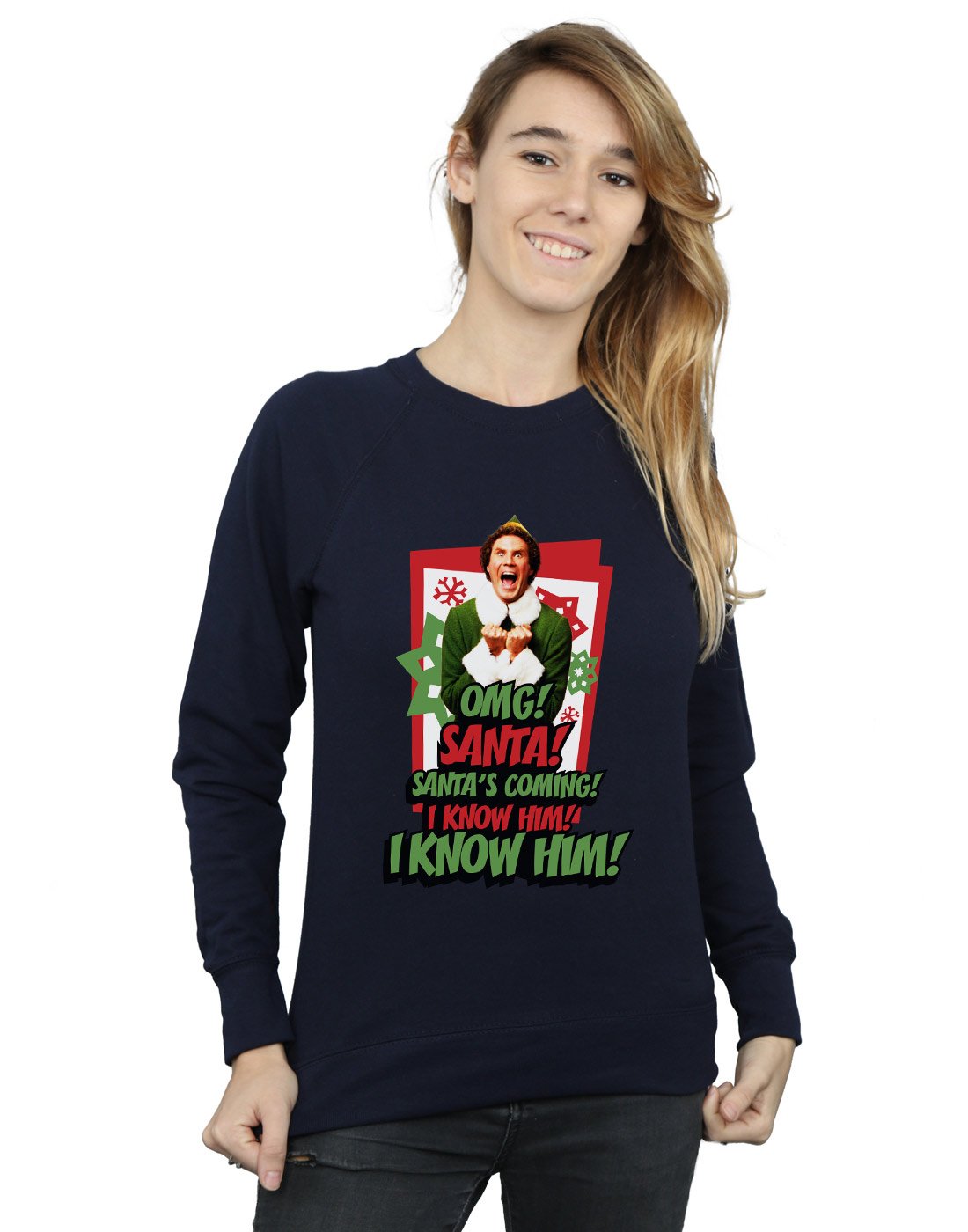 Elf Women's Buddy Smiling Sweatshirt Medium Navy Blue