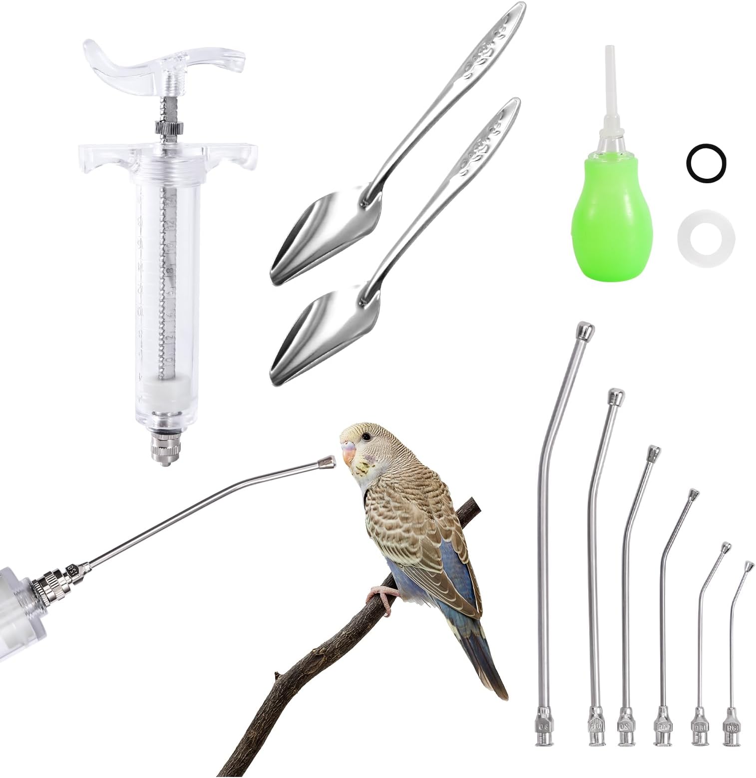 Adhere to Fly Baby Manual Feeding Syringe Set Feeding Tubes with 6 Pcs Curved Gavage Tubes and Stainless Steel Metal Feeding Spoon for Baby Birds Parrot Small Pet (20ML)