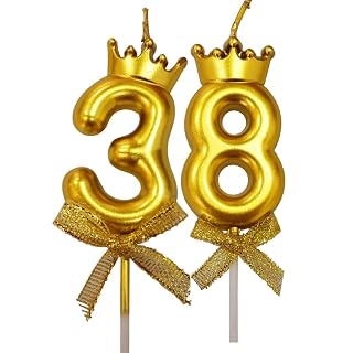 FI - FLICK IN 2 Pc 38 Number Candle for Birthday Cake Metallic 38th Birthday Cake Decoration Thirty Eight Candle with Crown on Top Cake Topper 0-9 Number Candles for Anniversary (Pack of 2, Gold)