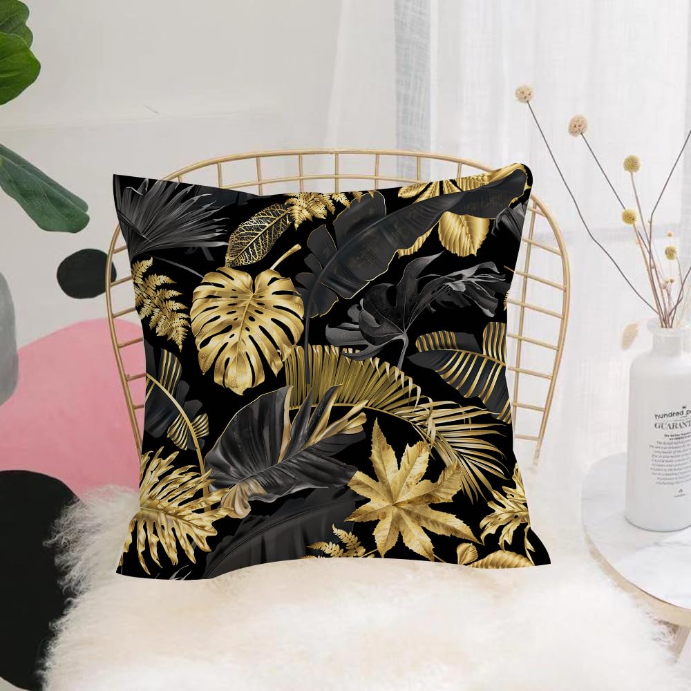 HYOSXW Cushion Cover,Throw Pillow Case Home Decorative for Living Room Bedroom Sofa Chair 16X16 Inch,Gold and Black Tropical Leaves on Dark Background,Pillowcase 40X40cm