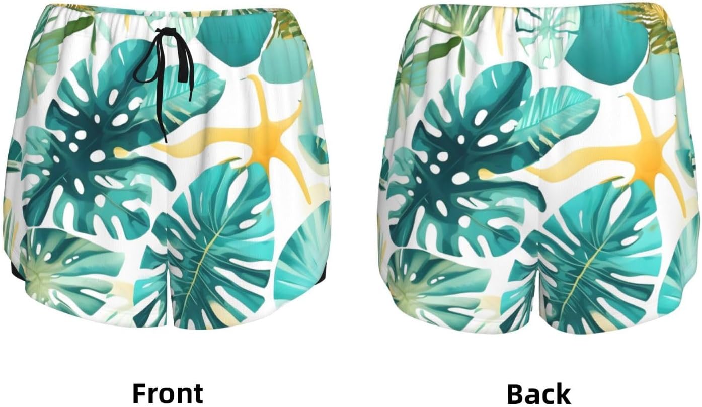 Tropical Beach Plant Theme Print Women's Running Shorts High Waisted Athletic Shorts Quick Dry Gym Workout Shorts