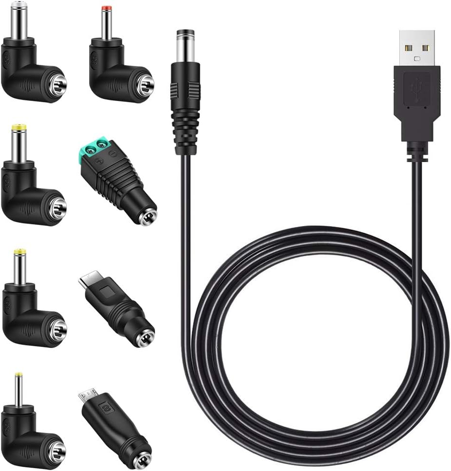 MEROM USB to DC 5.5mm*2.1mm 5V Universal Power Cable Chargering Cord with 8 Connector Tips(5.5mm*2.5mm, 4.8mm*1.7mm, 4.0mm * 1.7mm, 3.5mm *1.35mm, 2.5mm *0.7mm, Micro USB, Type-C, Universal Connector)