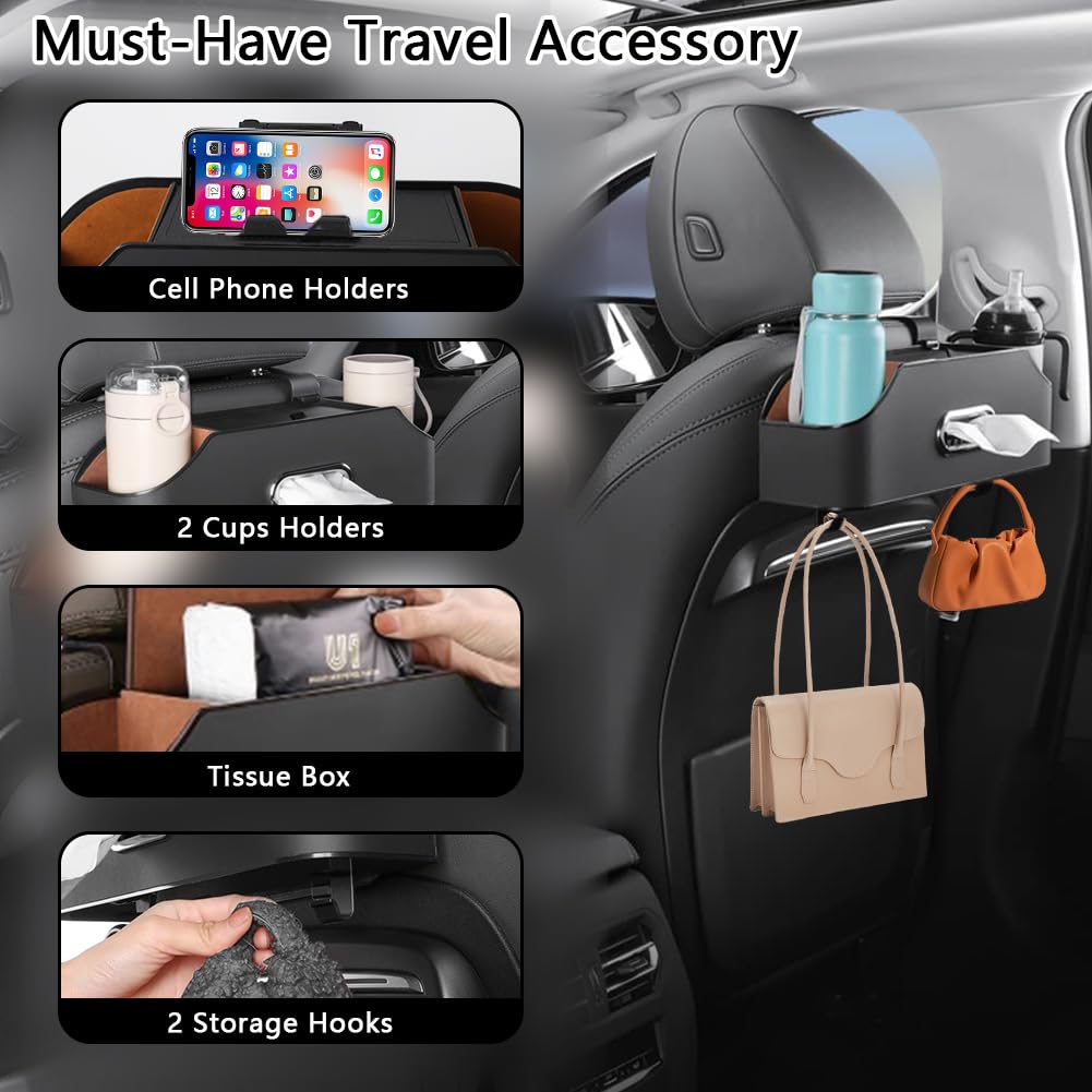 Abnaok Organiseur de siège arrière de voiture avec 2 porte-gobelets – Boîte à mouchoirs et crochet de boîte de rangement – Rangement multifonction – Idéal pour les enfants et les voyages