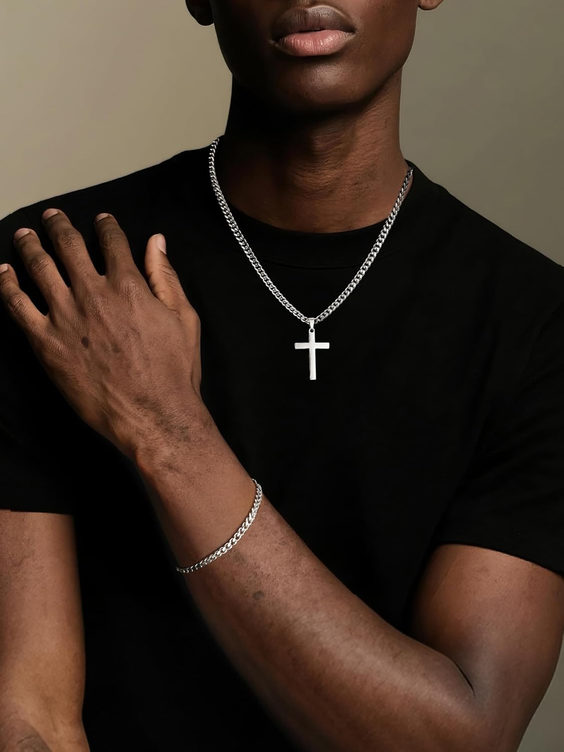 NORBU Stainless Steel Cross Necklace and Bracelet Set for Men, Cuban Link/Wheat/Figaro/Box Chains 20" Length, Bracelet 7 1/2" and 8" Length, No Tarnish & Durable Mens Religious Gift - Image 7