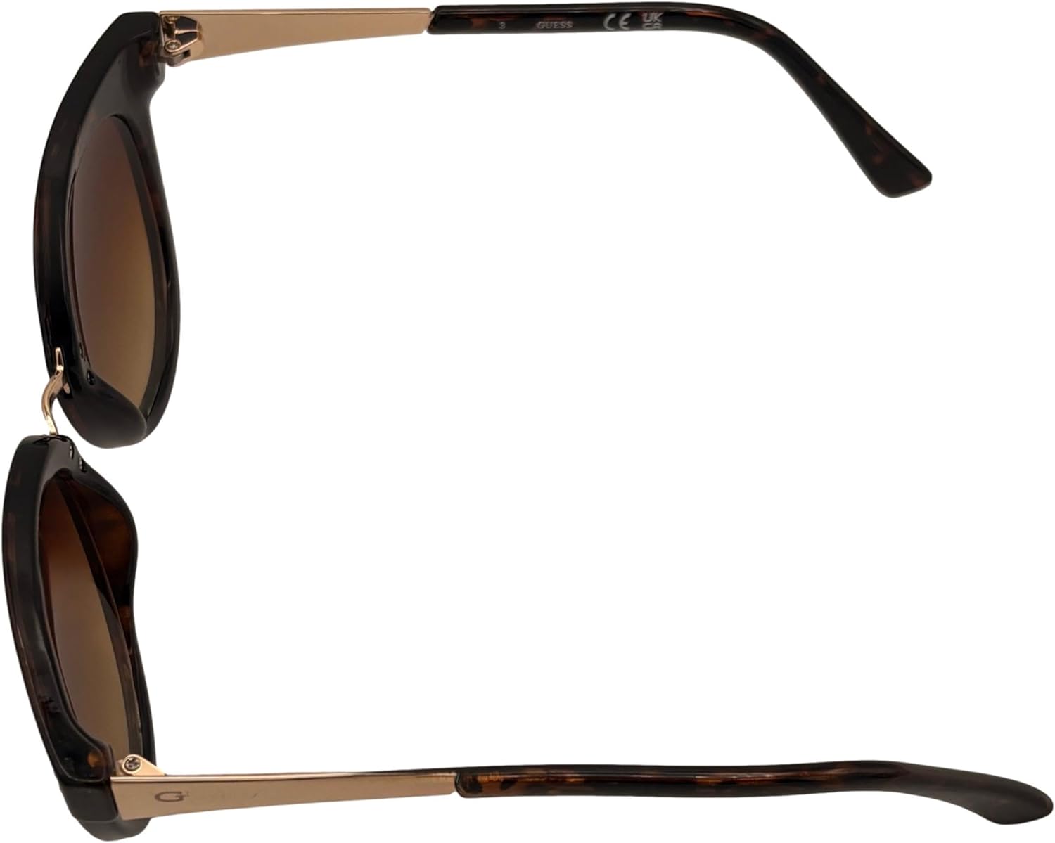 Dentro view of GUESS GF0309 sunglasses temple showing model number and certifications.