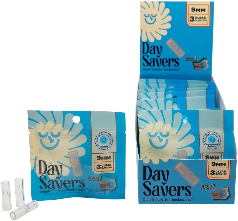DaySavers 9mm Glass Filter Tips with Cigar Band Stickers | Reusable, Cools Smoke, Blocks Particles | Easy to Roll In or Use with Pre-Rolled Cones | 60 Tips (20 Packs of 3)