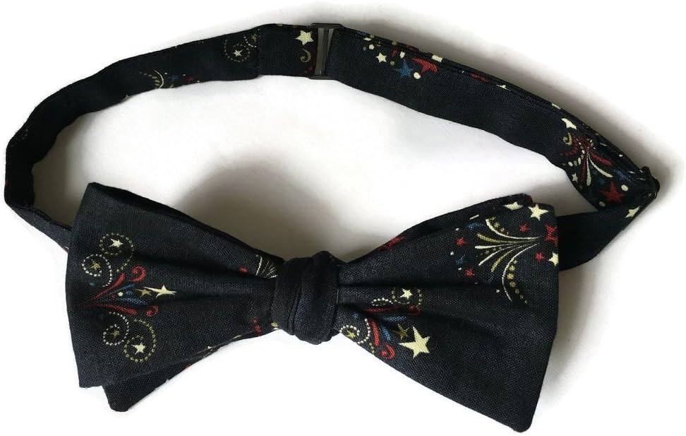 Mens Patriotic Bow Tie Handmade Pretied of Red White Blue American Flags and Fireworks