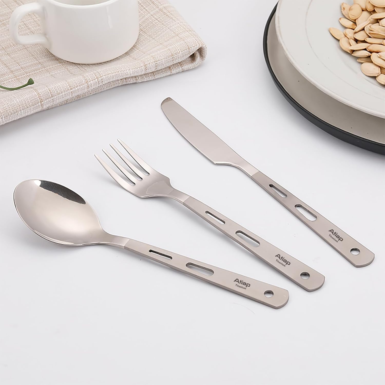 Titanium Flatware Knife Fork Spoon Set Lightweight Ti Camping Utility Cutlery Set with Carrying Bag for Traveling Picnic Hiking